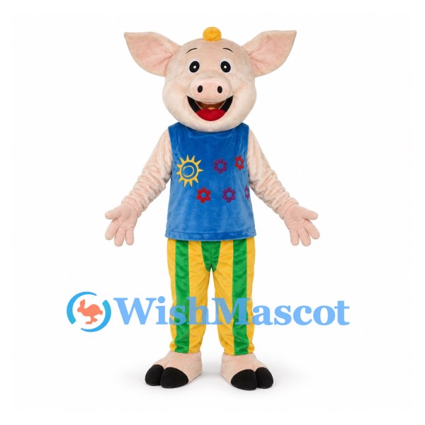 Pig Mascot Costume with Blue Floral Vest and Striped Pants