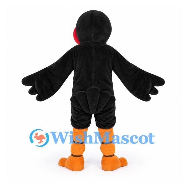 Bird Mascot Costume in Black with Yellow Beak and Red Cheeks