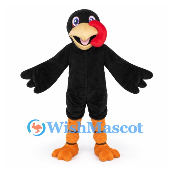 Bird Mascot Costume in Black with Yellow Beak and Red Cheeks