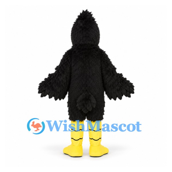 Bird Mascot Costume in Black with Shaggy Feathers and Yellow Legs