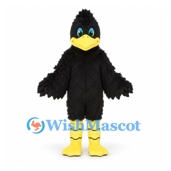 Bird Mascot Costume in Black with Shaggy Feathers and Yellow Legs