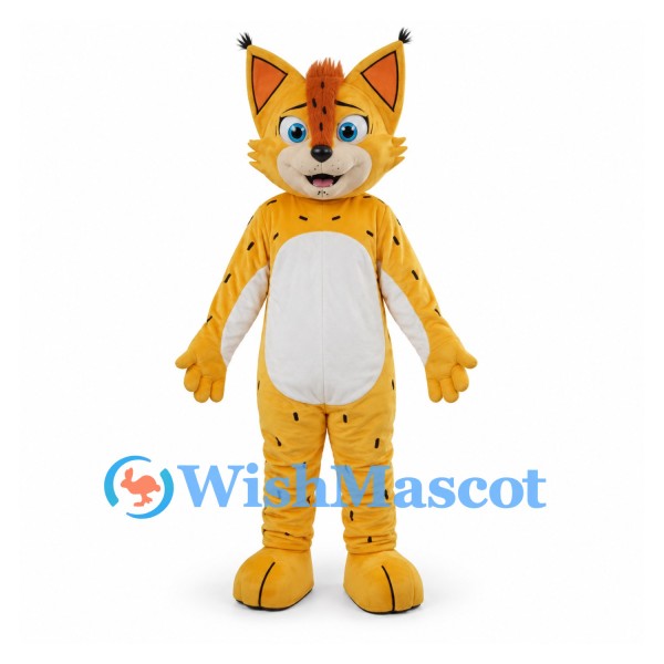 Lynx Mascot Costume in Gold with Spotted Body and Tufted Ears