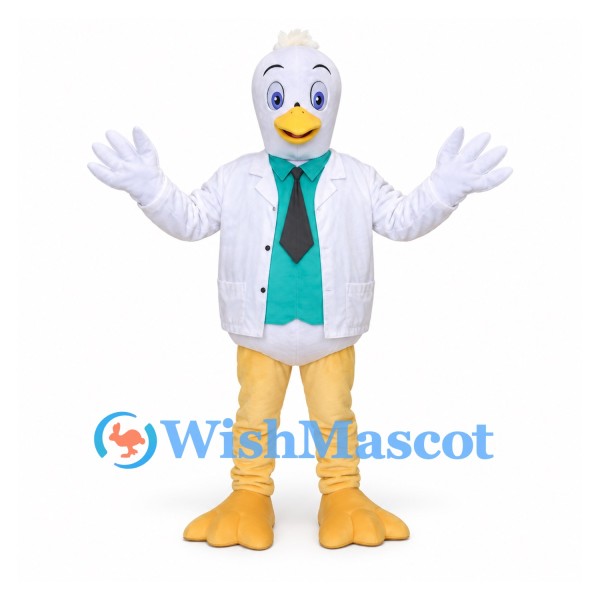 Duck Mascot Costume with White Jacket and Green Tie