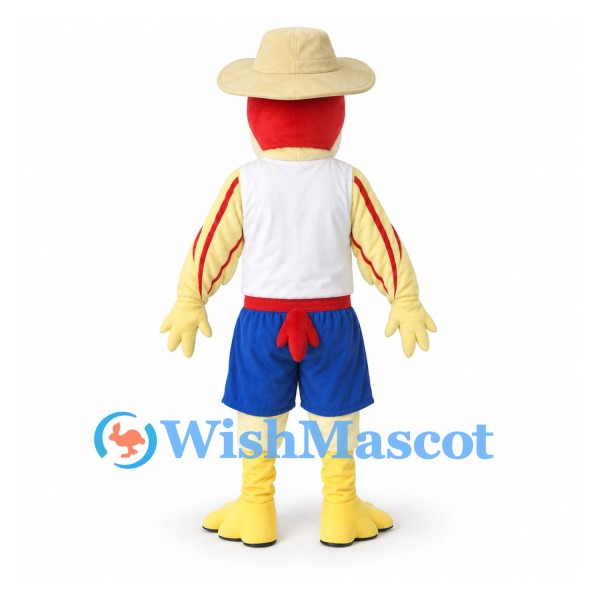 Rooster Mascot Costume with Straw Hat and Blue Shorts
