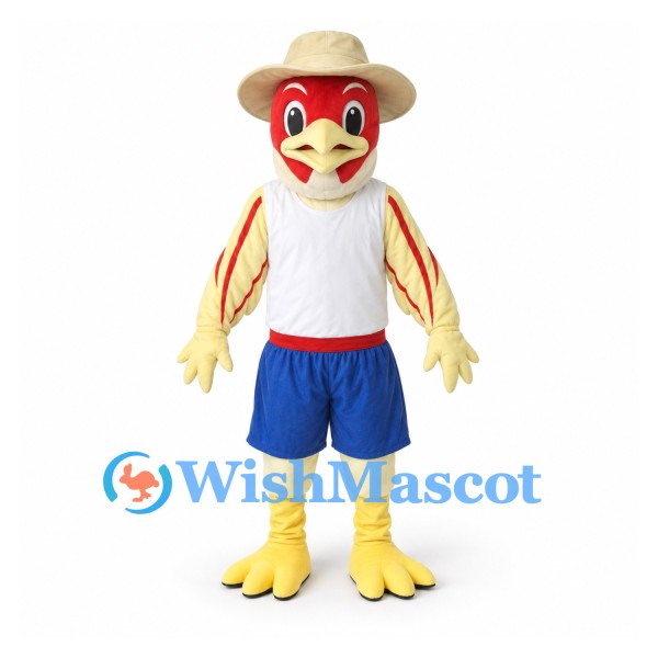 Rooster Mascot Costume with Straw Hat and Blue Shorts