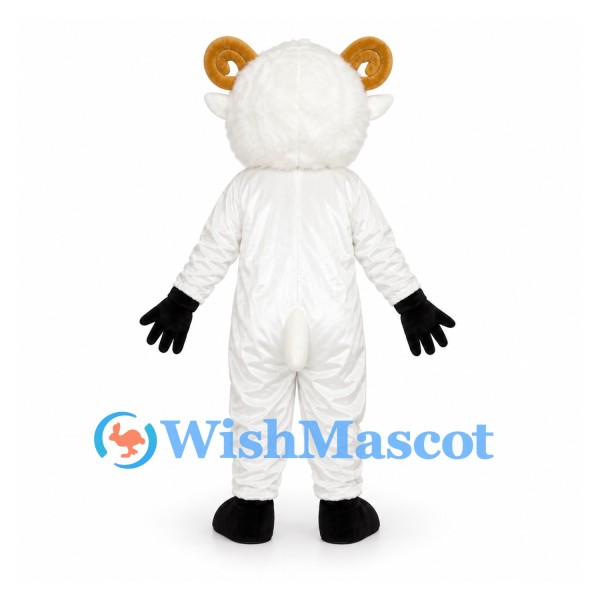 Sheep Mascot Costume in White with Golden Curled Horns