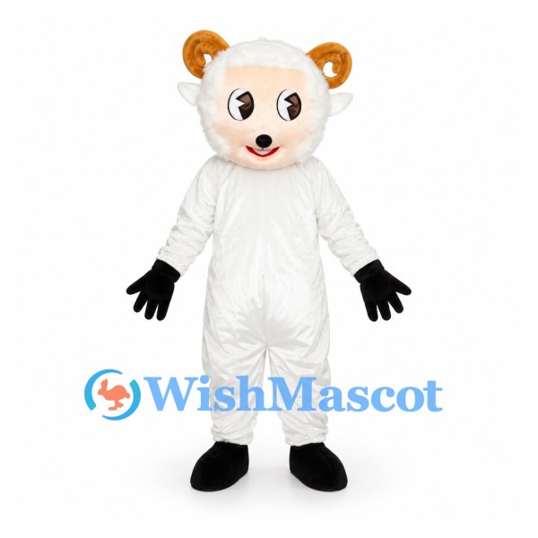 Sheep Mascot Costume in White with Golden Curled Horns