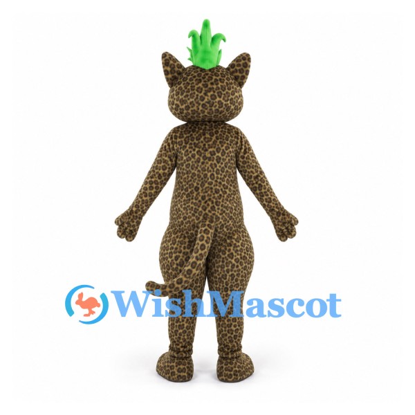 Leopard Mascot Costume with Spotted Body and Green Crown