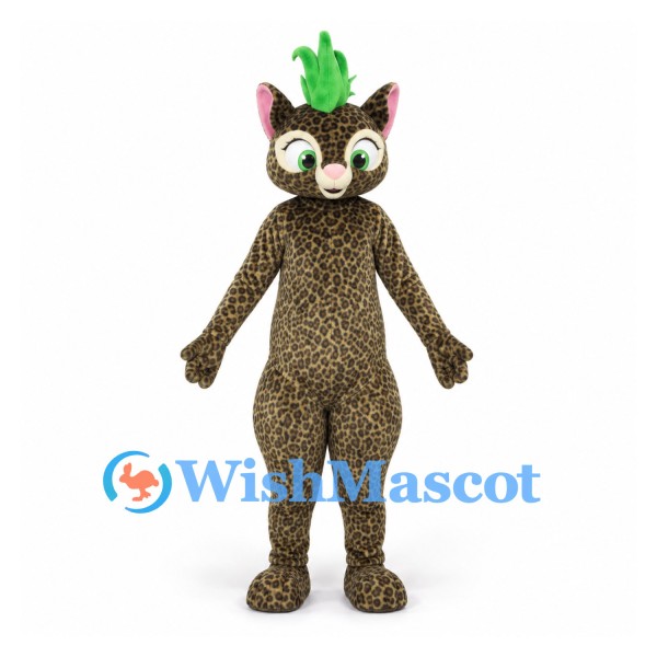 Leopard Mascot Costume with Spotted Body and Green Crown