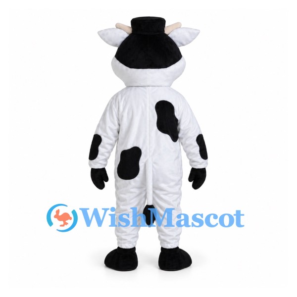 Cow Mascot Costume in Black and White with Small Top Hat