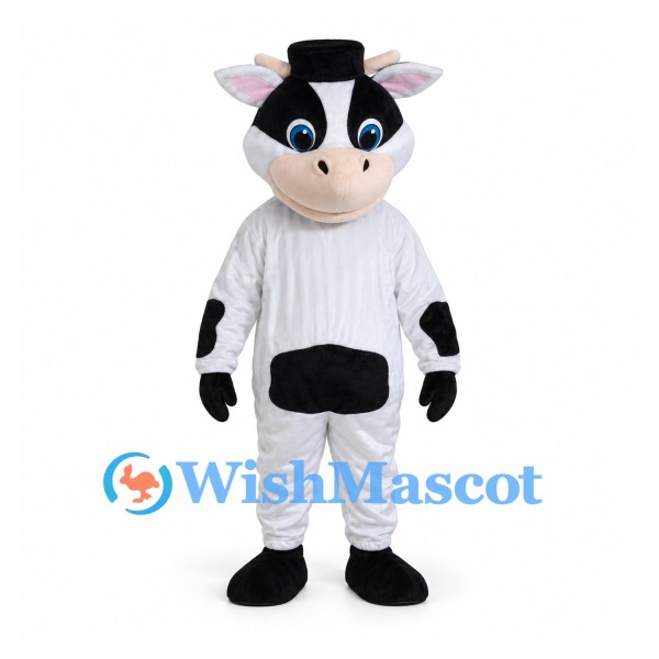 Cow Mascot Costume in Black and White with Small Top Hat