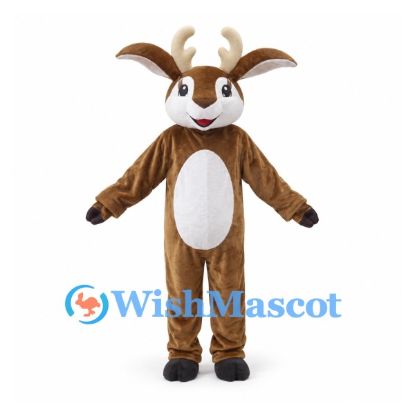 Deer Mascot Costume in Brown with White Belly and Cream Antlers