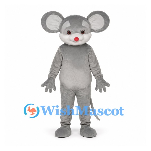 Mouse Mascot Costume in Gray with Pink Nose and Long Tail