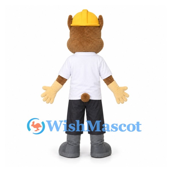 Beaver Mascot Costume with Yellow Hard Hat and White Shirt