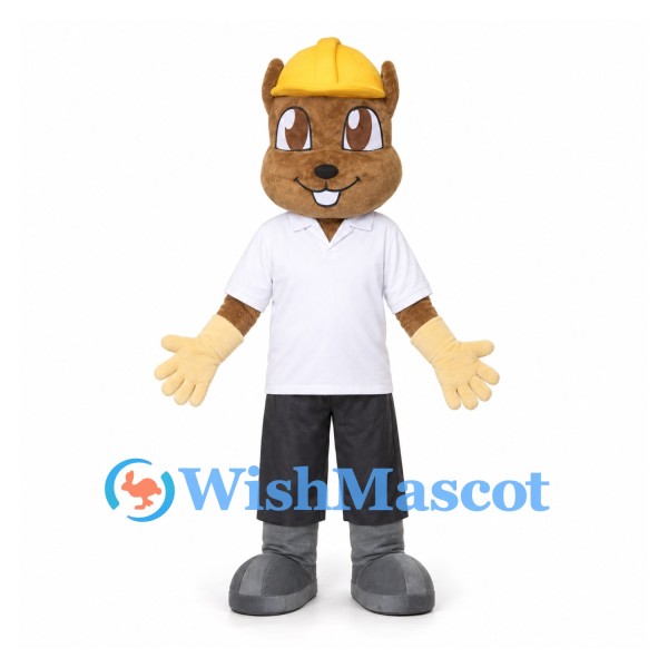 Beaver Mascot Costume with Yellow Hard Hat and White Shirt