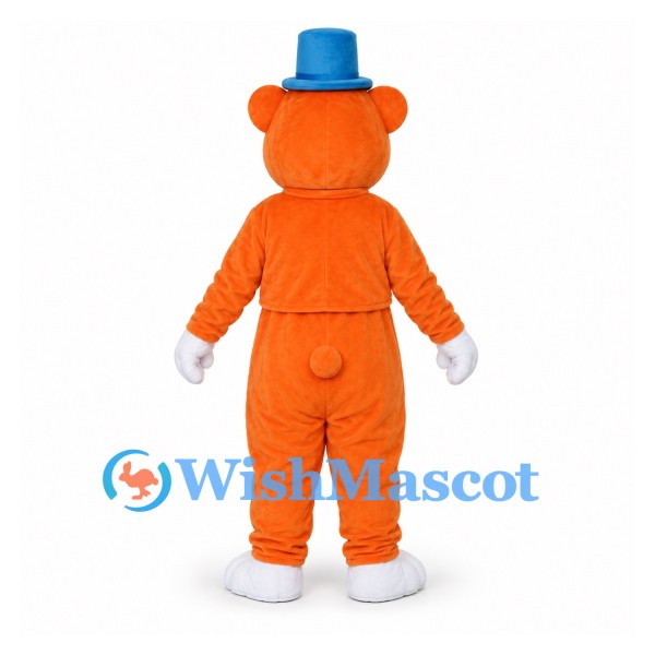 Bear Mascot Costume in Orange with Blue Top Hat and Scarf