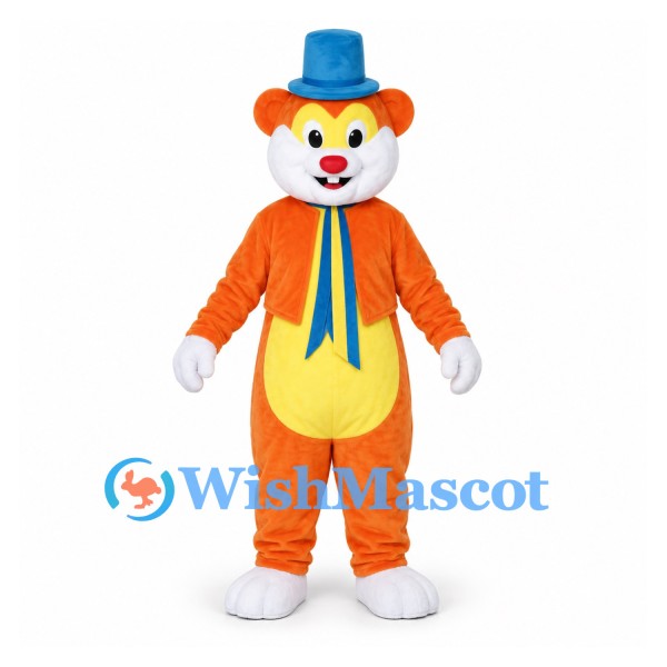 Bear Mascot Costume in Orange with Blue Top Hat and Scarf