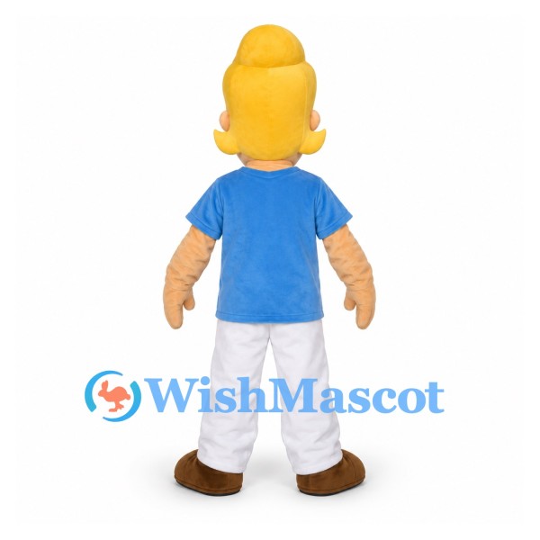 Man Mascot Costume with Blond Hair and Blue Shirt
