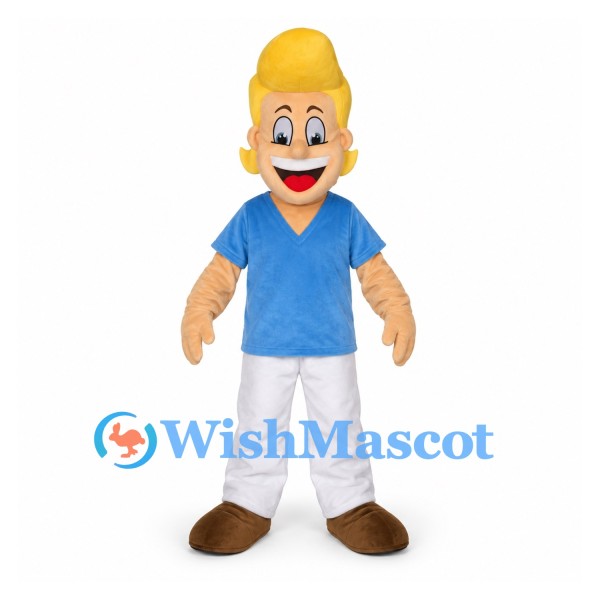 Man Mascot Costume with Blond Hair and Blue Shirt