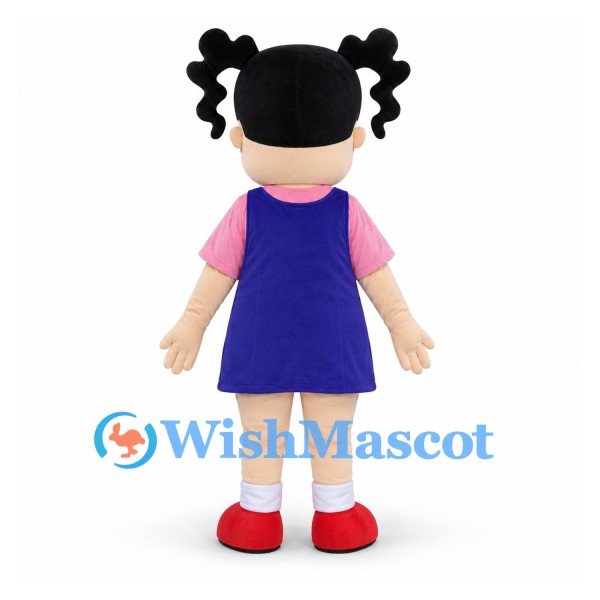 Girl Mascot Costume with Black Pigtails and Purple Apron Dress