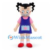 Girl Mascot Costume with Black Pigtails and Purple Apron Dress