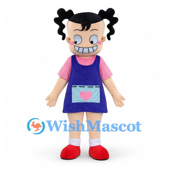 Girl Mascot Costume with Black Pigtails and Purple Apron Dress