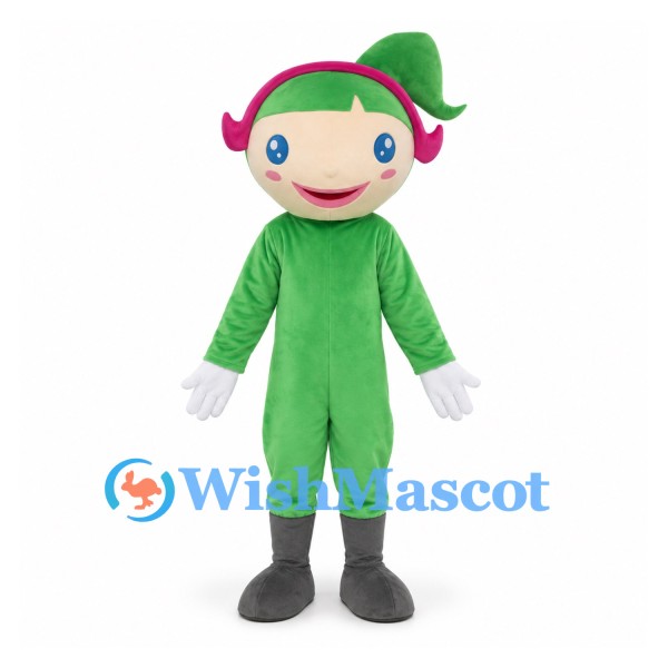 Elf Mascot Costume in Green with Pink Ear Trim