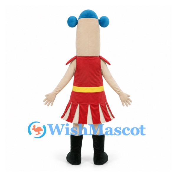 Girl Mascot Costume with Blue Hair Buns and Red Dress