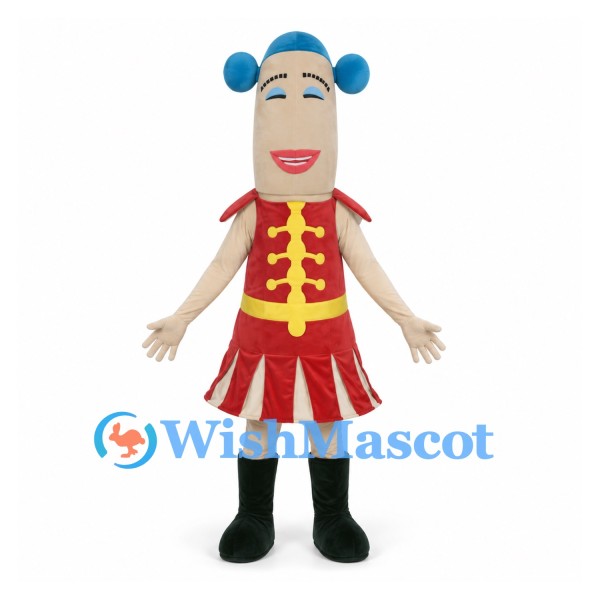 Girl Mascot Costume with Blue Hair Buns and Red Dress