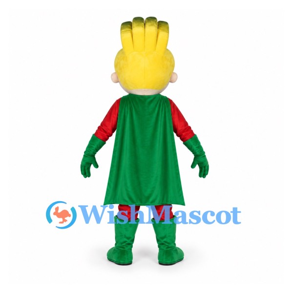 Superhero Mascot Costume with Yellow Hair and Green Cape
