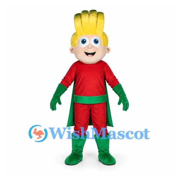 Superhero Mascot Costume with Yellow Hair and Green Cape