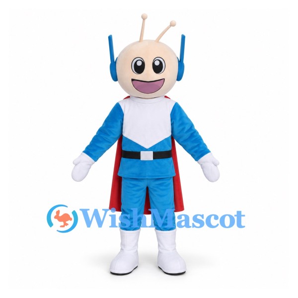 Superhero Mascot Costume in Blue with Red Cape and Antennae