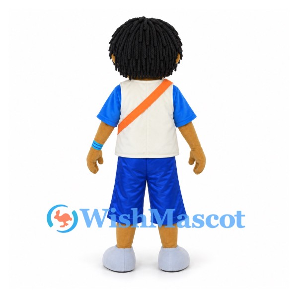 Boy Mascot Costume with Black Hair and Blue and White Outfit