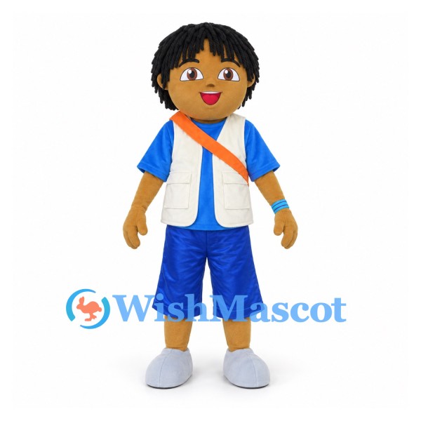 Boy Mascot Costume with Black Hair and Blue and White Outfit