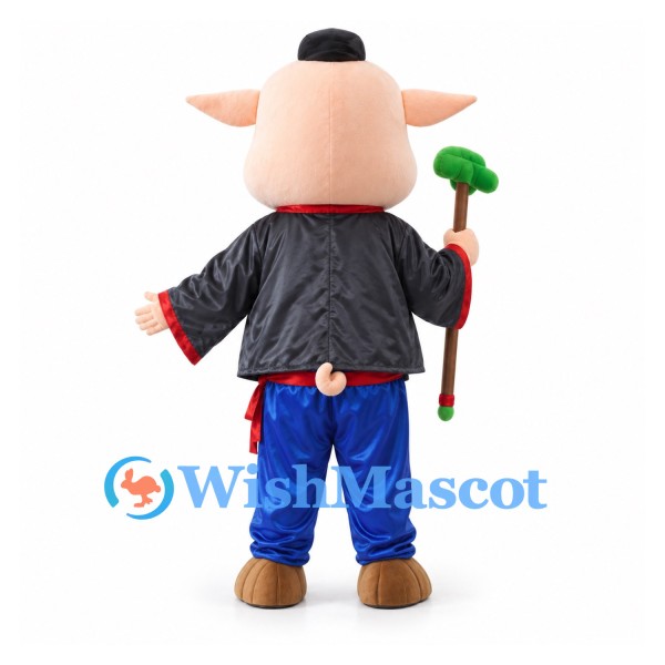Pig Mascot Costume with Black Robe and Blue Pants