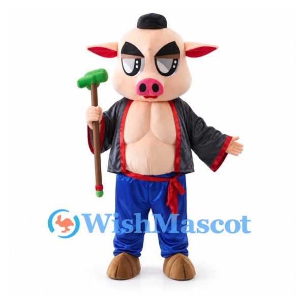 Pig Mascot Costume with Black Robe and Blue Pants