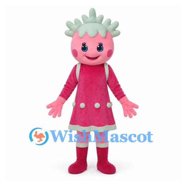 Girl Mascot Costume with Pink Face and Mint Trim Dress