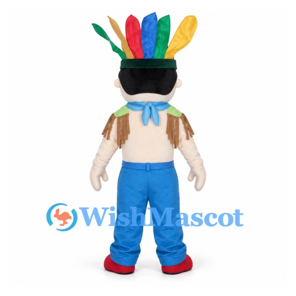 Boy Mascot Costume with Colorful Feather Headdress and Blue Pants
