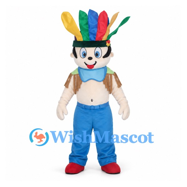 Boy Mascot Costume with Colorful Feather Headdress and Blue Pants