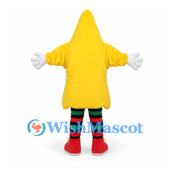 Star Mascot Costume in Yellow with Red Bow and Striped Legs