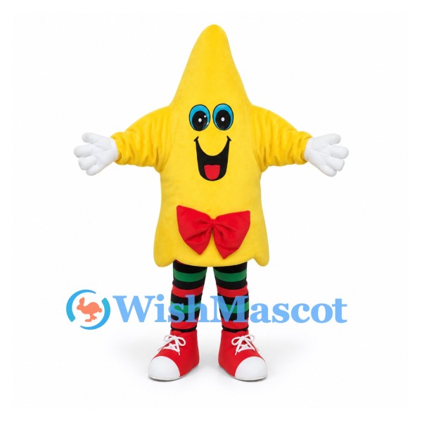 Star Mascot Costume in Yellow with Red Bow and Striped Legs