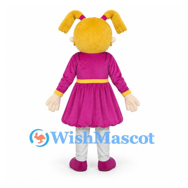 Girl Mascot Costume with Yellow Pigtails and Pink Sun Dress