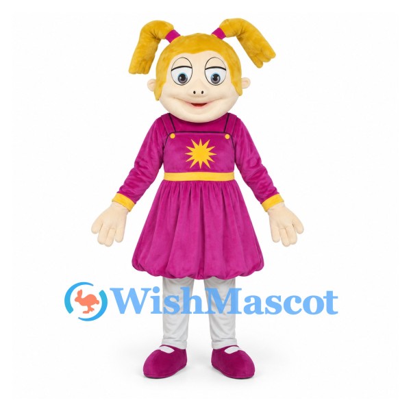 Girl Mascot Costume with Yellow Pigtails and Pink Sun Dress