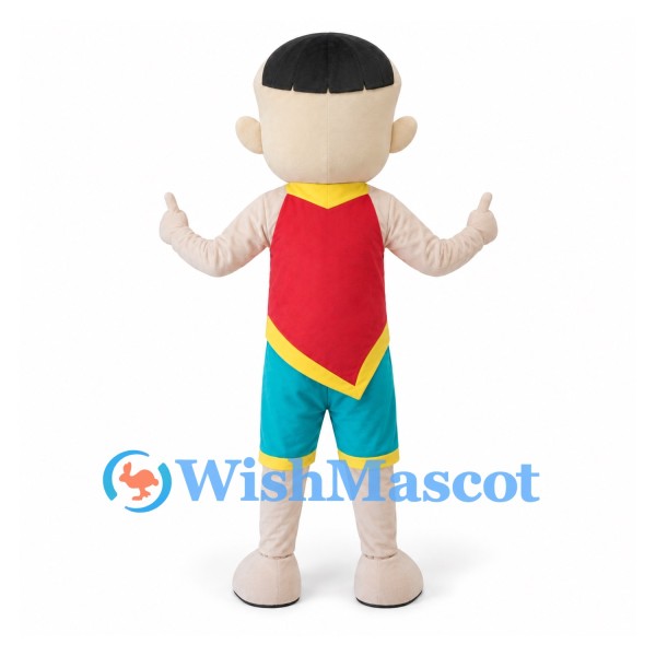 Boy Mascot Costume with Red Sleeveless Shirt and Blue Shorts