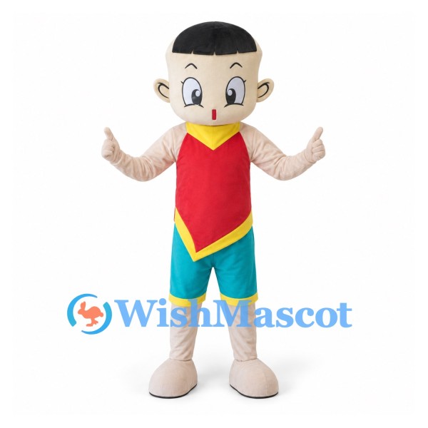 Boy Mascot Costume with Red Sleeveless Shirt and Blue Shorts