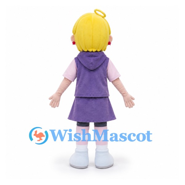 Girl Mascot Costume with Blond Hair and Purple Hooded Dress
