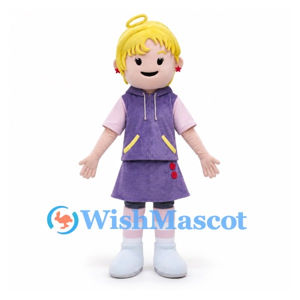 Girl Mascot Costume with Blond Hair and Purple Hooded Dress