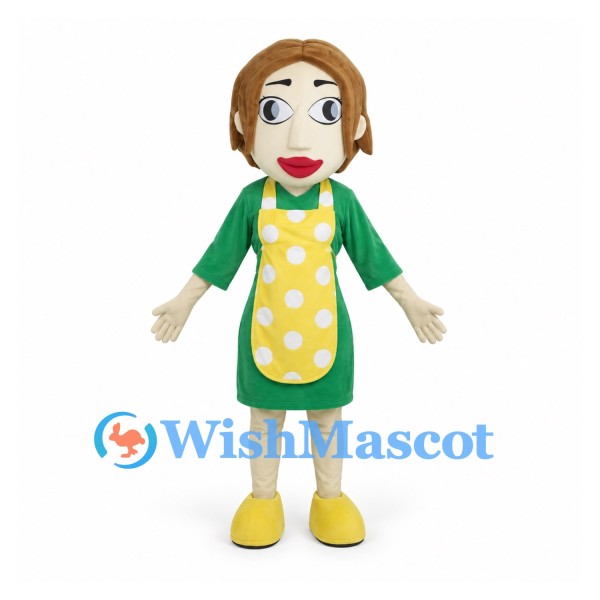 Woman Mascot Costume with Green Dress and Yellow Polka Dot Apron