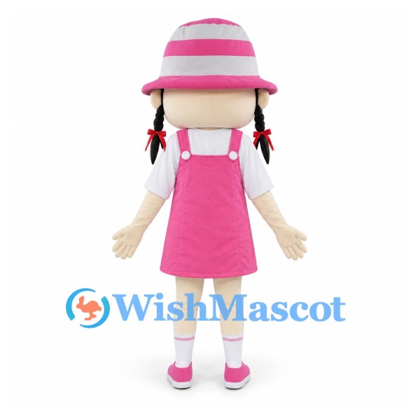 Girl Mascot Costume with Pink Overalls Dress and Striped Hat
