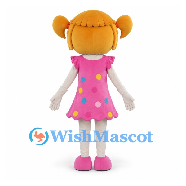 Girl Mascot Costume with Orange Hair Buns and Pink Polka Dot Dress